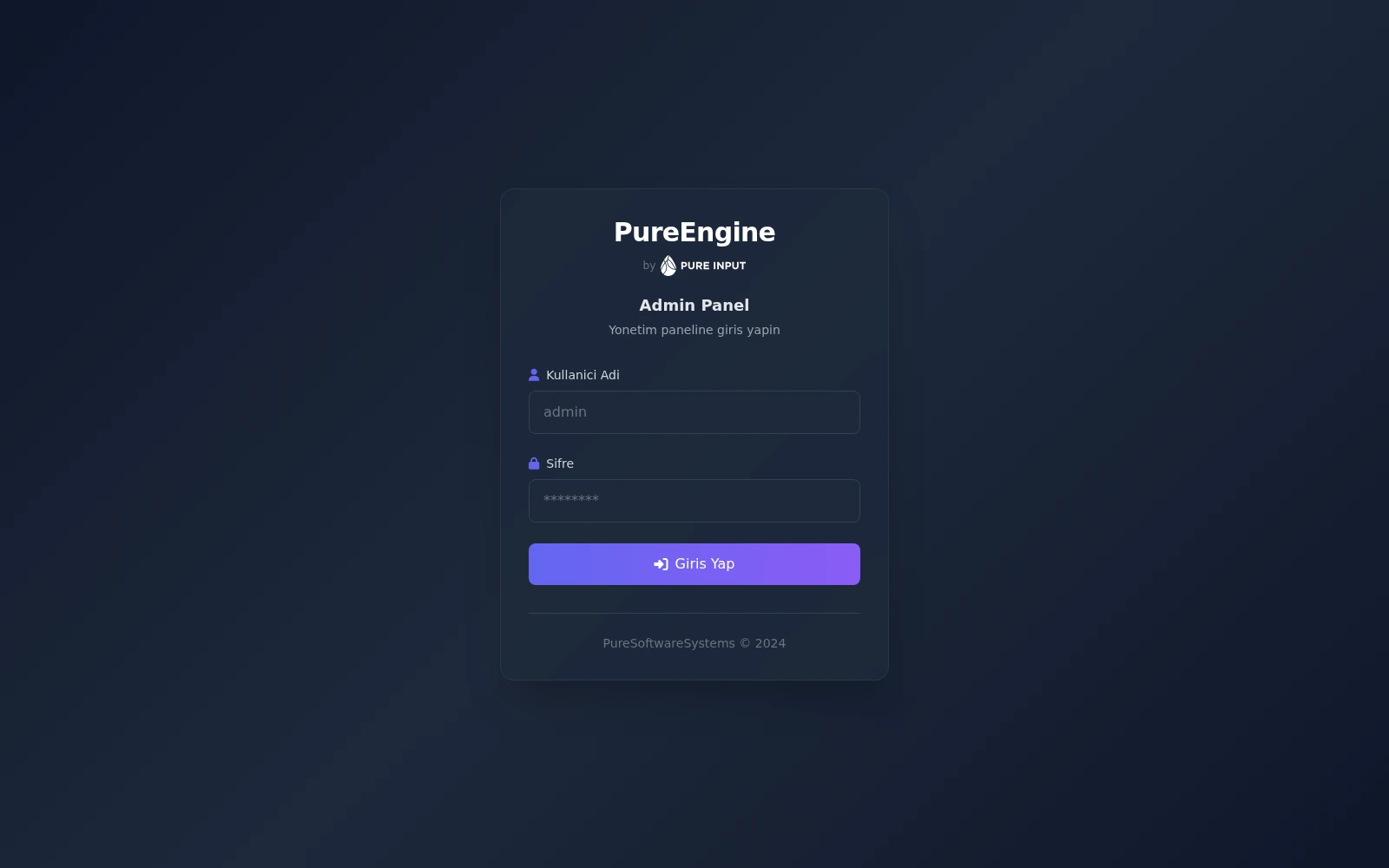 PureEngine by Pure Input giriş ekranı